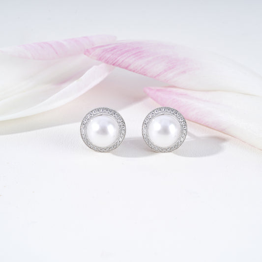 Pearl & Lab-Grown Diamond Halo Earrings in 18K White Gold