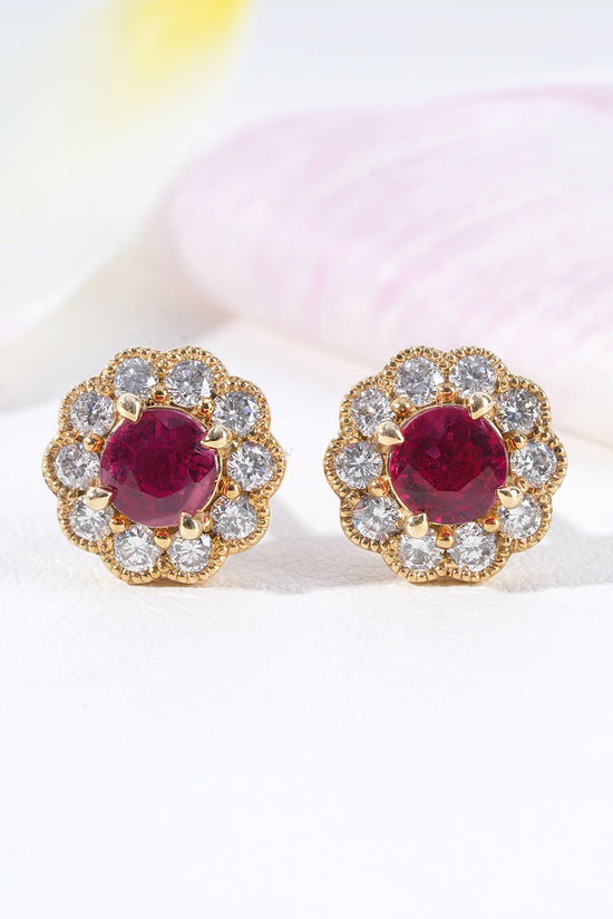 Ruby & Diamond Halo Stud Earrings in 18K Yellow Gold