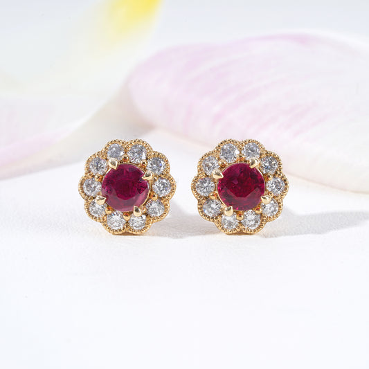 Ruby & Diamond Halo Stud Earrings in 18K Yellow Gold