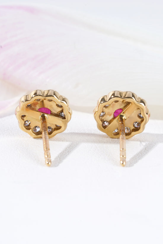 Ruby & Diamond Halo Stud Earrings in 18K Yellow Gold