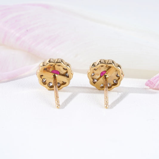 Ruby & Diamond Halo Stud Earrings in 18K Yellow Gold