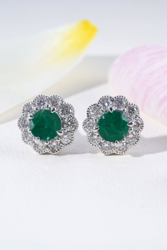 Emerald & Lab-Grown Diamond Halo Earrings in 18K White Gold