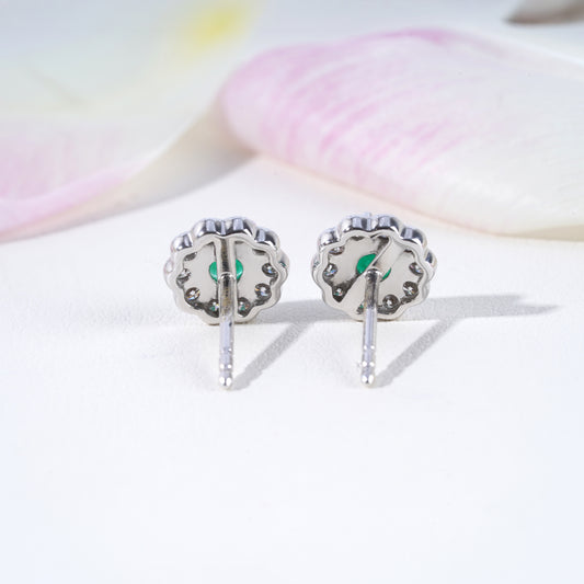 Emerald & Lab-Grown Diamond Halo Earrings in 18K White Gold