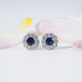 Blue Sapphire & Diamond Halo Earrings in 18K White Gold