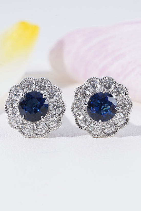 Blue Sapphire & Diamond Halo Earrings in 18K White Gold