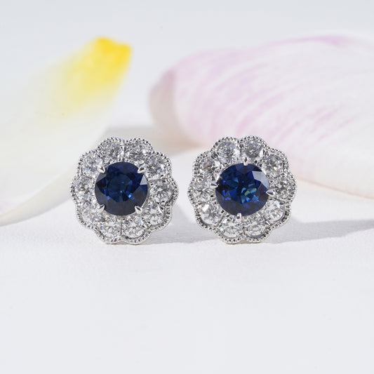 Blue Sapphire & Diamond Halo Earrings in 18K White Gold