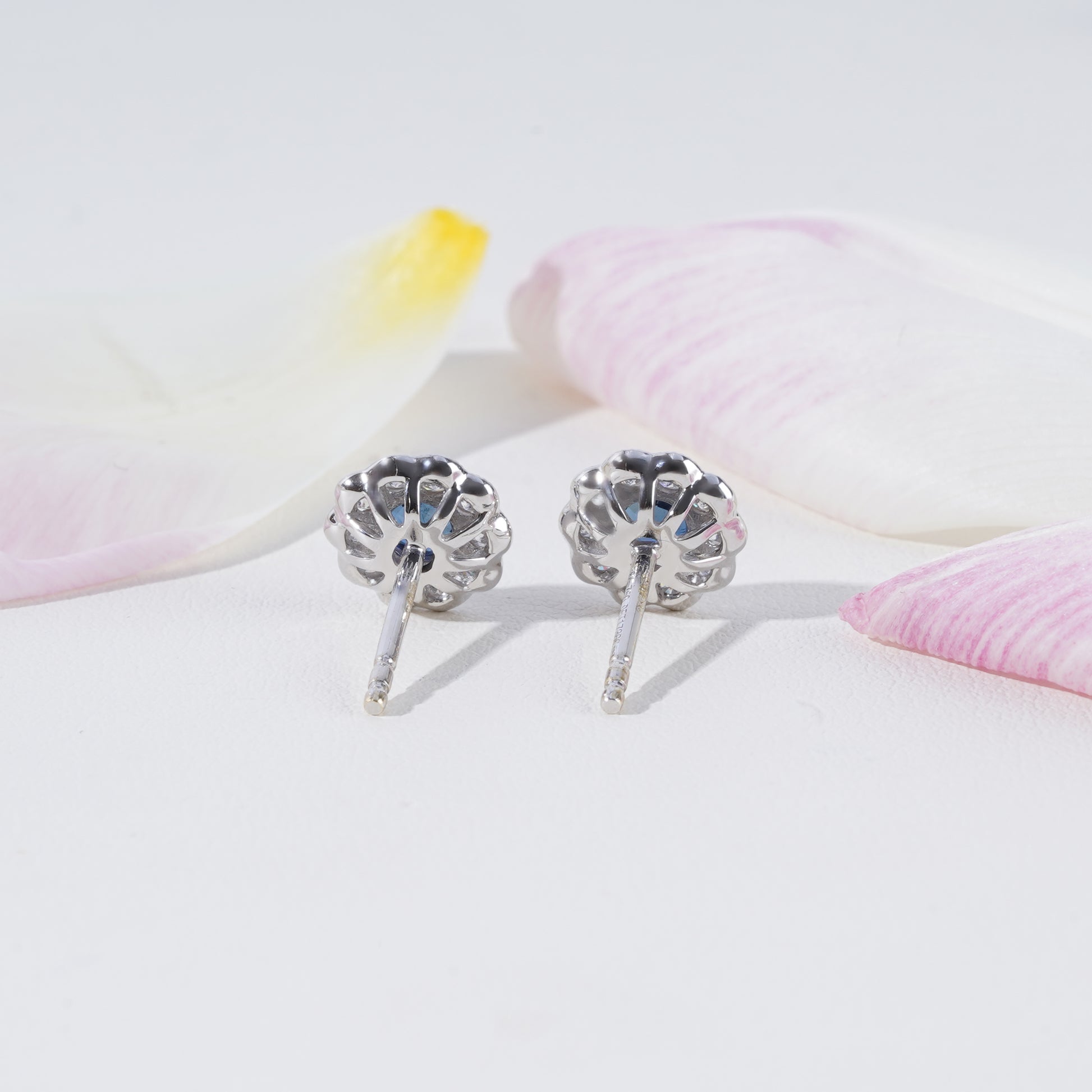 Blue Sapphire & Diamond Halo Earrings in 18K White Gold