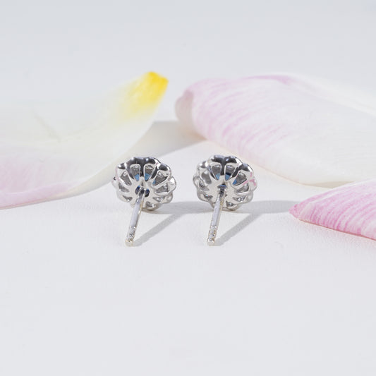 Blue Sapphire & Diamond Halo Earrings in 18K White Gold