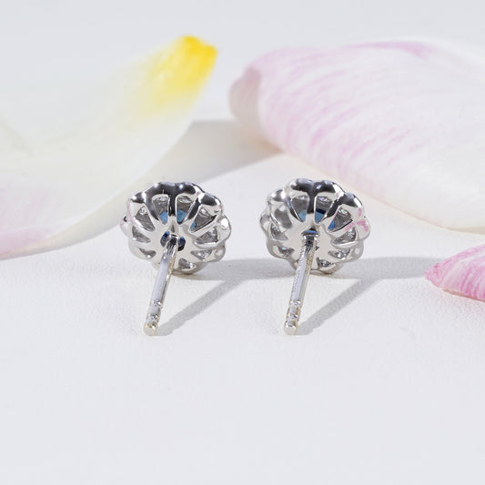 Blue Sapphire & Diamond Halo Earrings in 18K White Gold