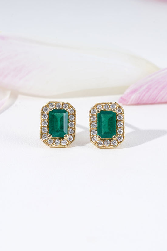 Emerald & Diamond Stud Earrings in 18K Yellow Gold