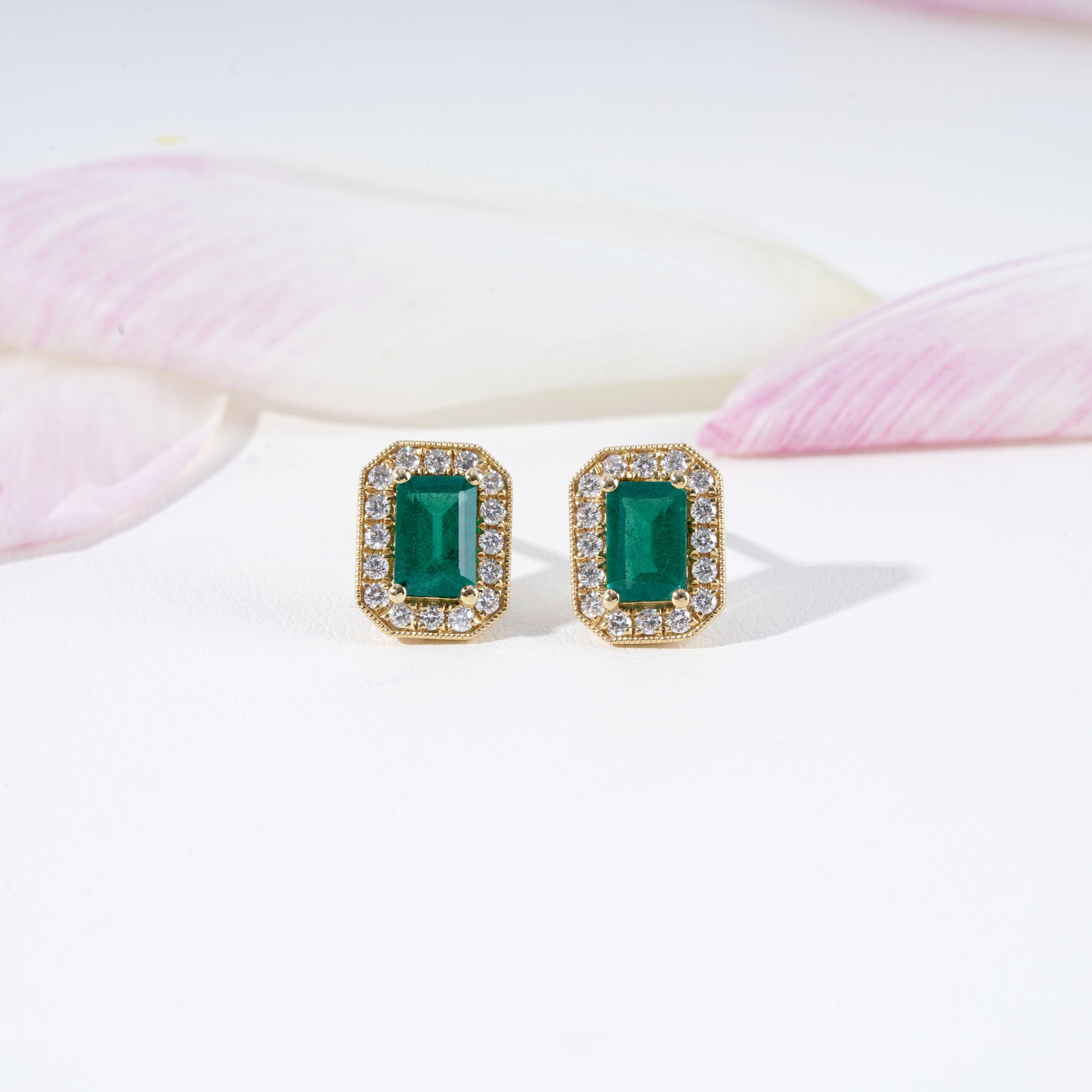 Emerald & Diamond Stud Earrings in 18K Yellow Gold