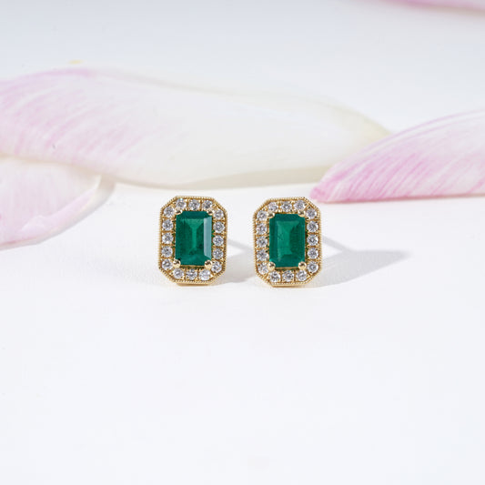 Emerald & Diamond Stud Earrings in 18K Yellow Gold