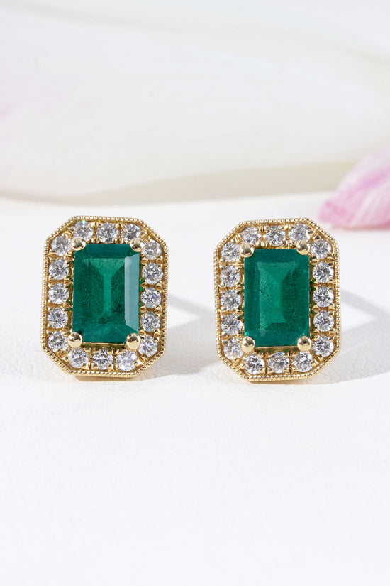Emerald & Diamond Stud Earrings in 18K Yellow Gold