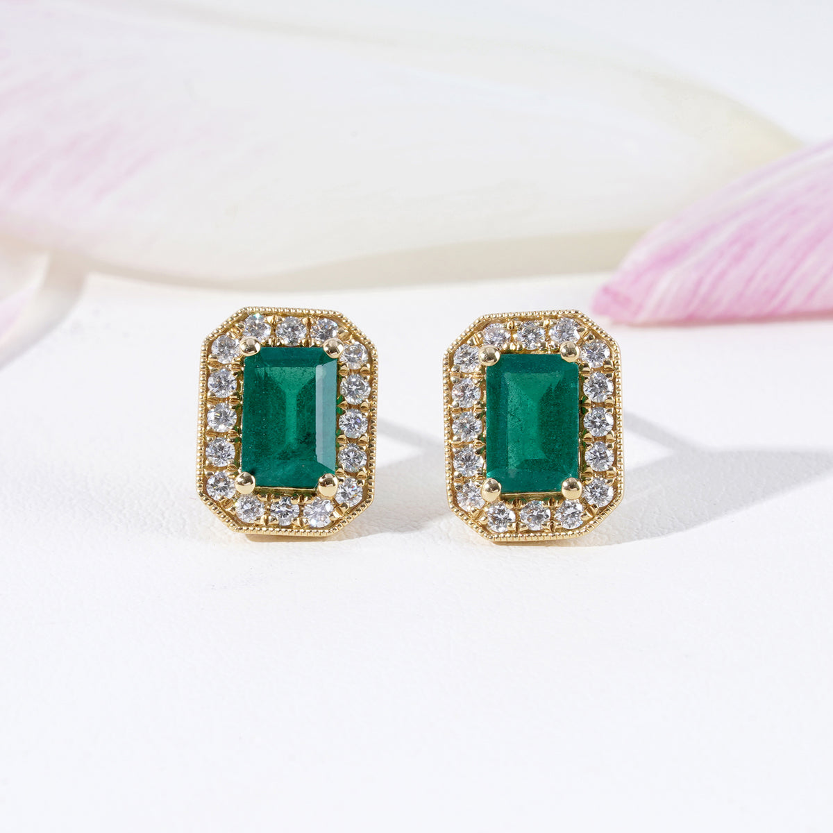 Emerald & Diamond Stud Earrings in 18K Yellow Gold