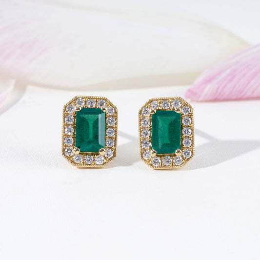 Emerald & Diamond Stud Earrings in 18K Yellow Gold