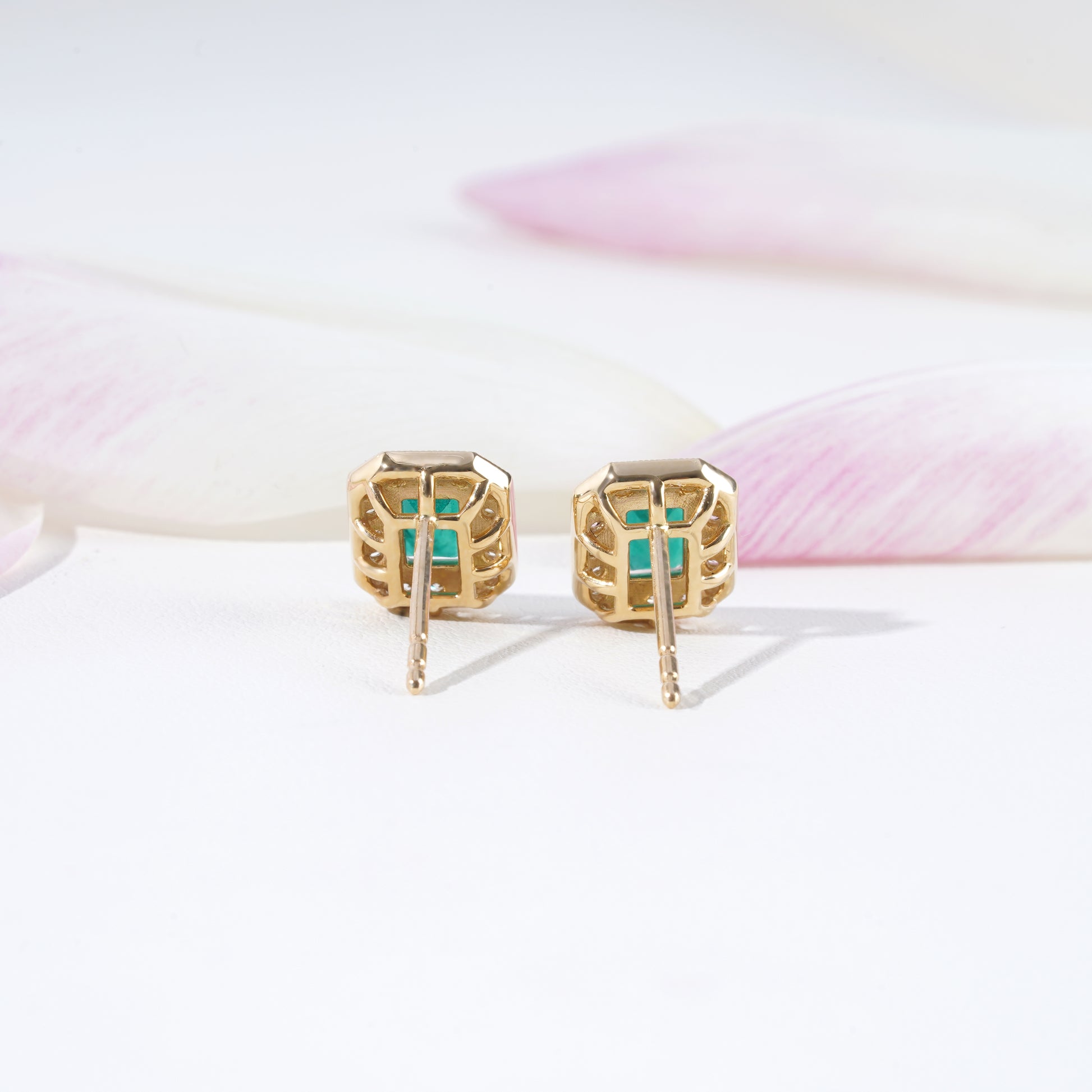 Emerald & Diamond Stud Earrings in 18K Yellow Gold