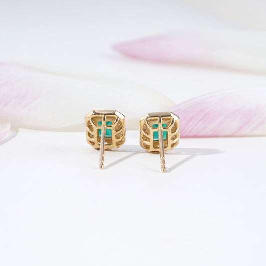 Emerald & Diamond Stud Earrings in 18K Yellow Gold