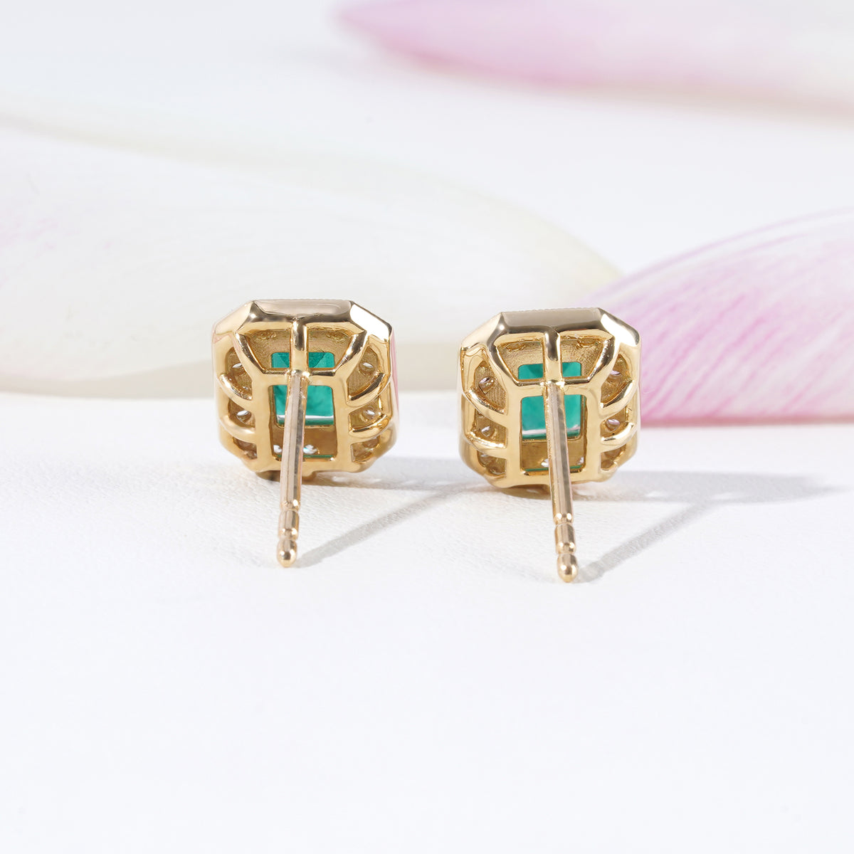 Emerald & Diamond Stud Earrings in 18K Yellow Gold