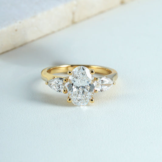 Faye Oval & Pear-Cut Lab-Grown Diamond Trilogy Ring in 18K Yellow Gold