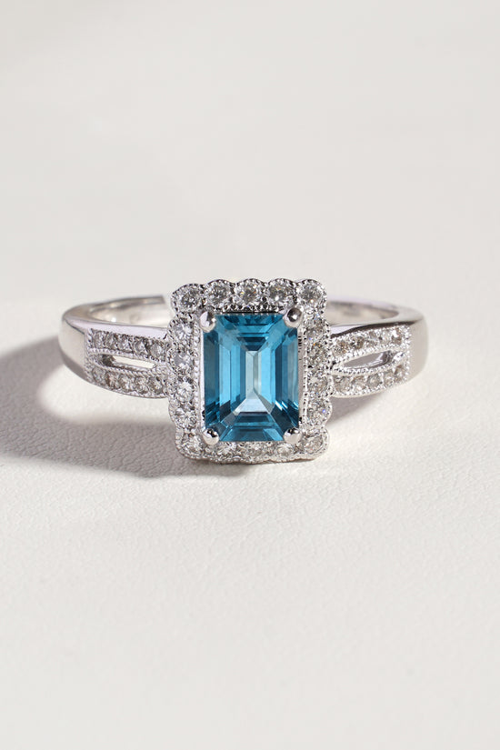 Lud  Natural Emerald-Cut Aquamarine &  Natural Diamond Split Shank Halo Ring in 18K White Gold