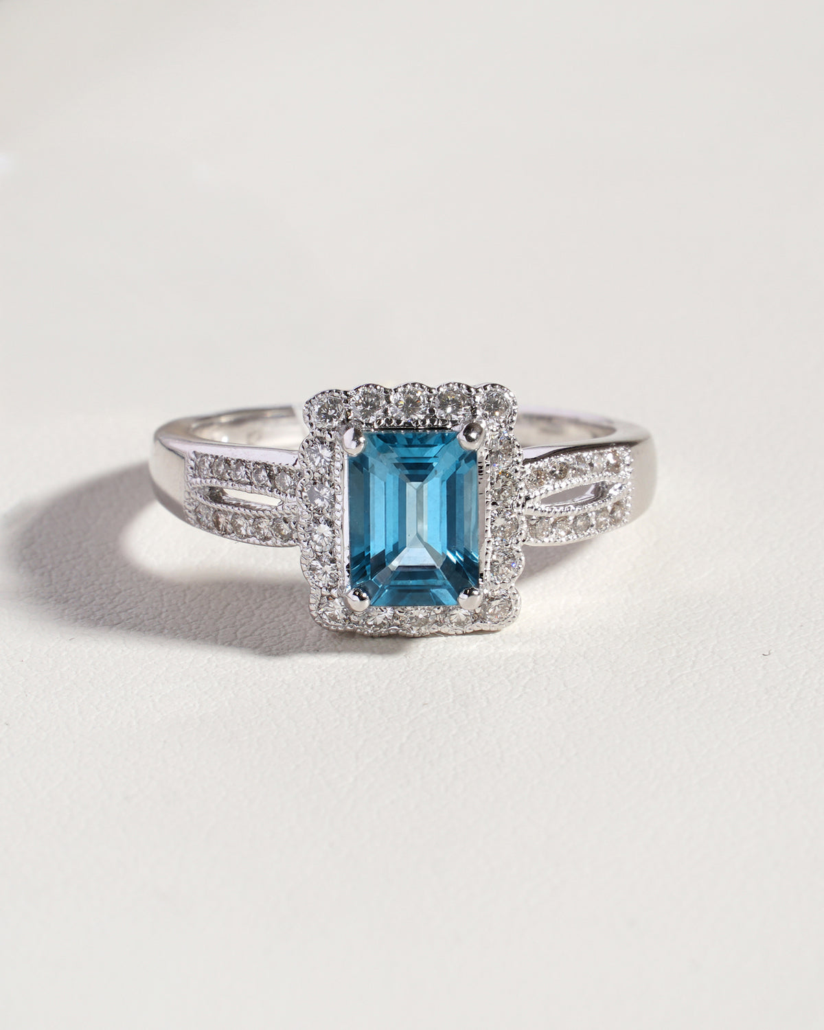 Lud Emerald-Cut Aquamarine & Diamond Split Shank Halo Ring in 18K White Gold
