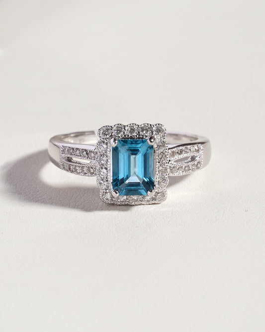 Lud Emerald-Cut Aquamarine & Diamond Split Shank Halo Ring in 18K White Gold