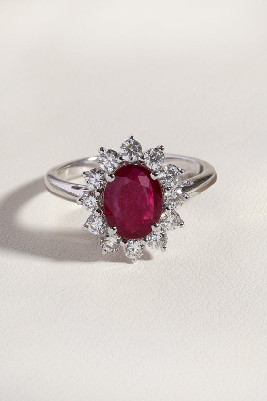 Laya  Natural Ruby &  Natural  Diamond Halo Ring in 18K White Gold