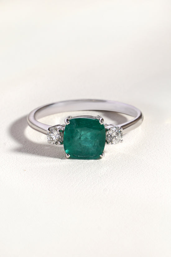 Oona  Natural Green Emerald &  Natural  Diamond Trilogy Ring in 18K White Gold