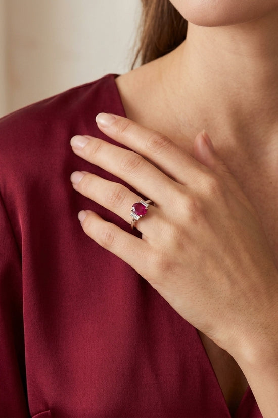 Zaya  Natural  Ruby &  Natural Lab-Grown Diamond Trilogy Ring in 18K White Gold