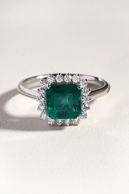Mira Green  Natural Emerald &  Natural  Diamond Halo Ring in 18K White Gold