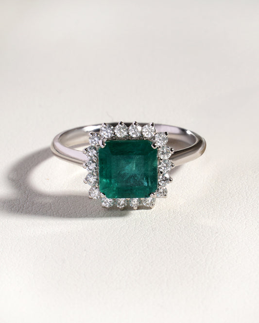 Mira Green Emerald & Lab-Grown Diamond Halo Ring in 18K White Gold