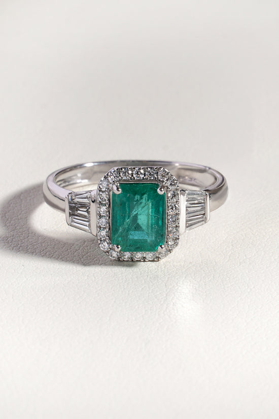 Kaia  Natural Green Emerald &  Natural  Diamond Trilogy Halo Ring in 18K White Gold