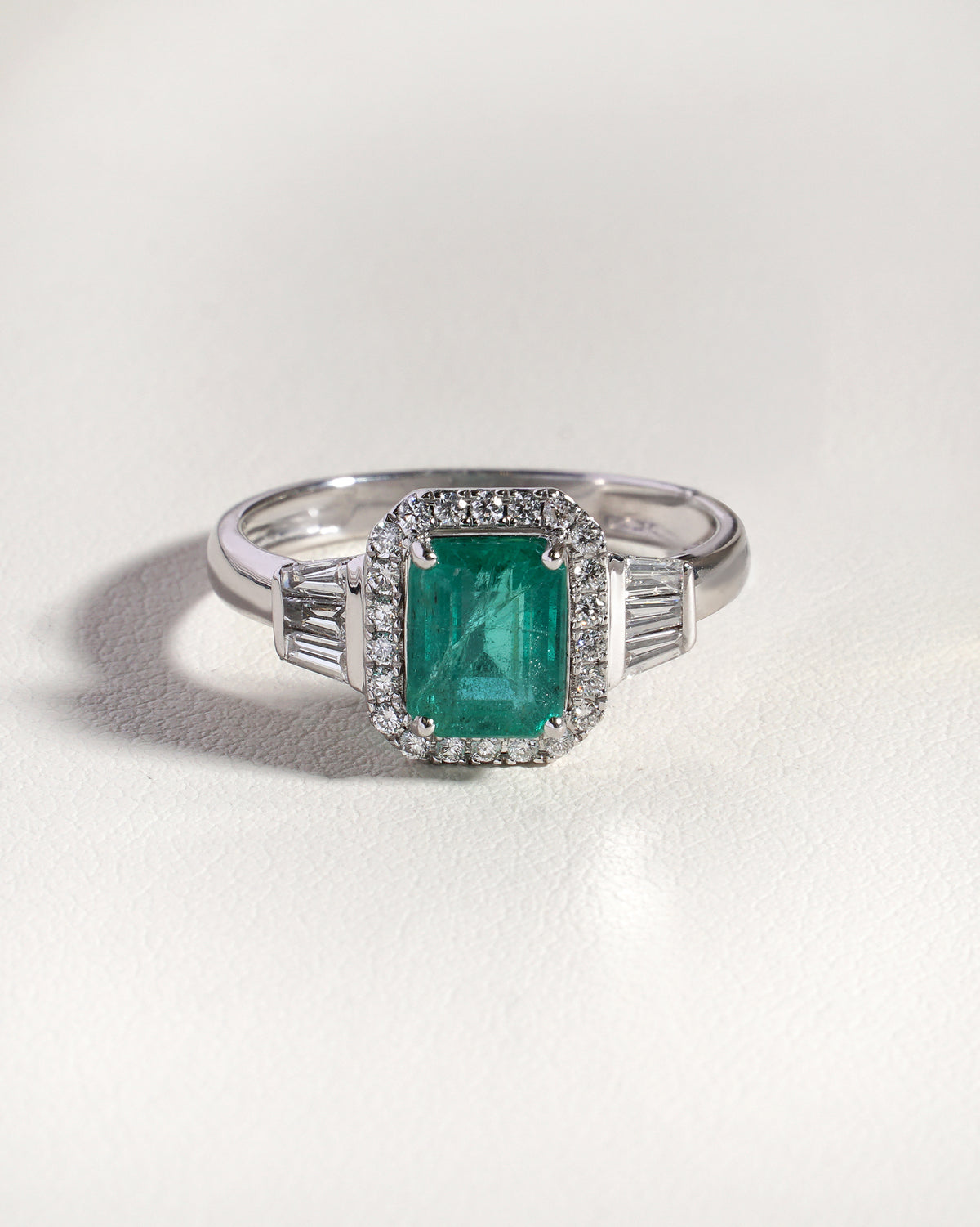 Kaia Green Emerald & Lab-Grown Diamond Trilogy Halo Ring in 18K White Gold