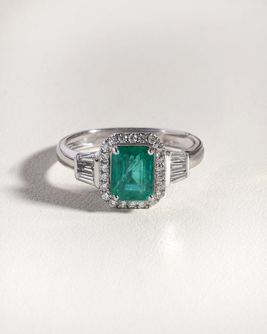 Kaia Green Emerald & Lab-Grown Diamond Trilogy Halo Ring in 18K White Gold