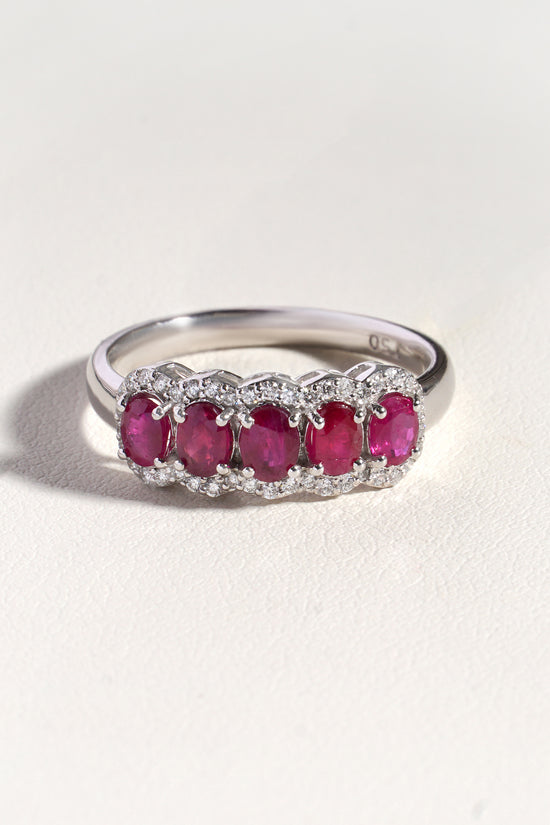 Sora  Natural Ruby &  Natural Diamond 5 Stone Eternity Band with Halo in 18K White Gold