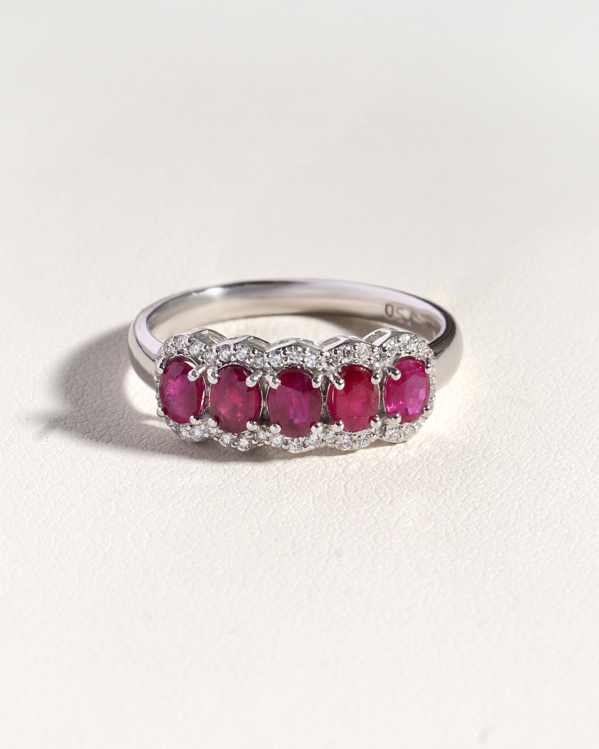 Sora Ruby & Lab-Grown Diamond 5 Stone Eternity Band with Halo in 18K White Gold