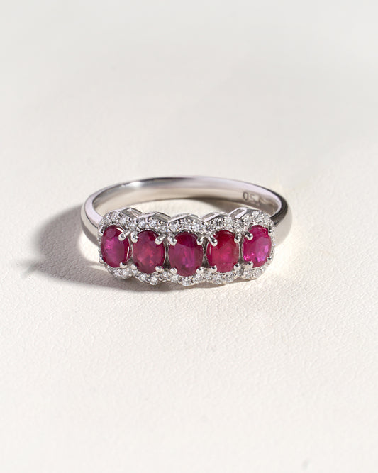 Sora Ruby & Lab-Grown Diamond 5 Stone Eternity Band with Halo in 18K White Gold