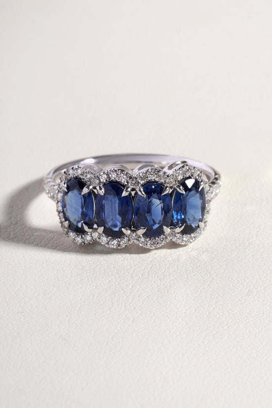 Naya Blue Natural Sapphire & Natural Diamond 5 Stone Eternity Band with Halo in 18K White Gold