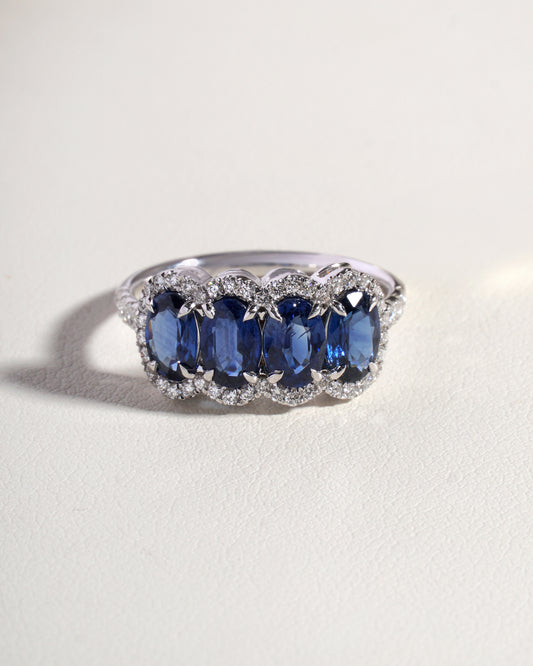 Naya Blue Sapphire & Lab-Grown Diamond 5 Stone Eternity Band with Halo in 18K White Gold
