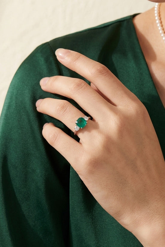 Oona  Natural Green Emerald &  Natural  Diamond Trilogy Ring in 18K White Gold
