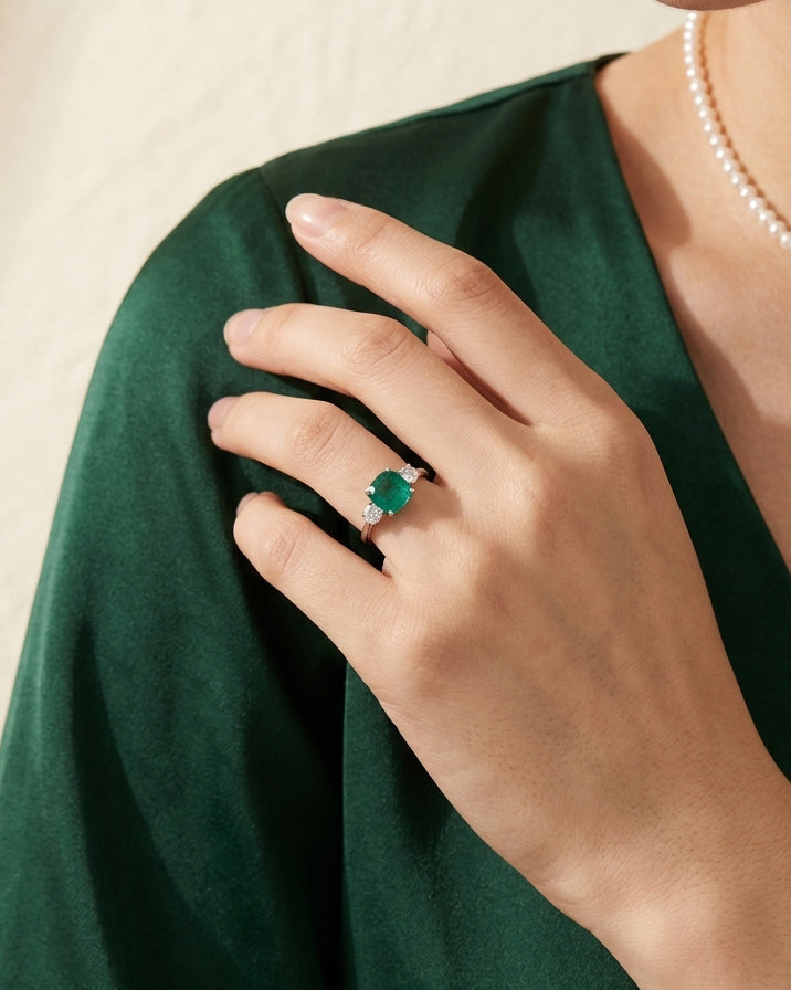 Oona  Natural Green Emerald &  Natural  Diamond Trilogy Ring in 18K White Gold