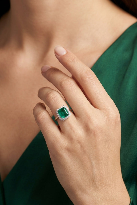 Mira Green  Natural Emerald &  Natural  Diamond Halo Ring in 18K White Gold