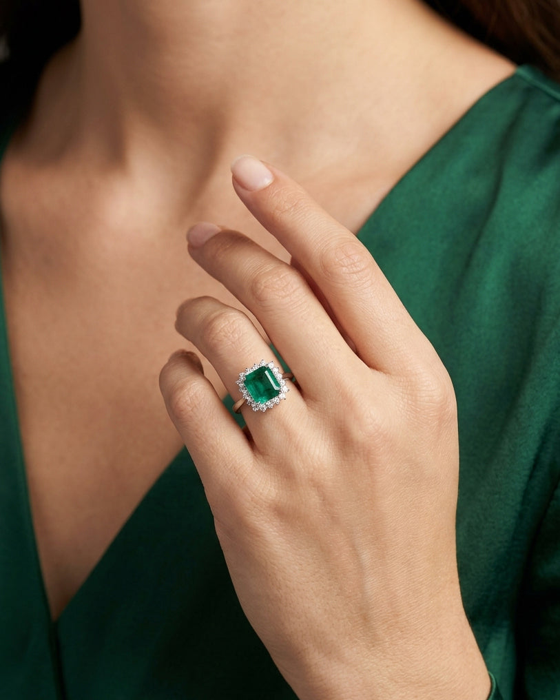 Mira Green  Natural Emerald &  Natural  Diamond Halo Ring in 18K White Gold