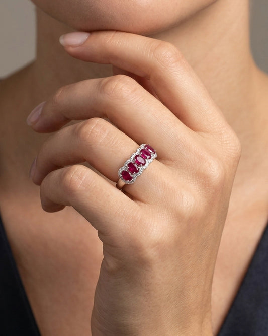 Sora  Natural Ruby &  Natural Diamond 5 Stone Eternity Band with Halo in 18K White Gold