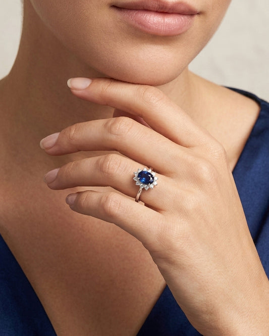 Eira Blue  Natural  Sapphire &  Natural  Diamond Halo Ring in 18K White Gold