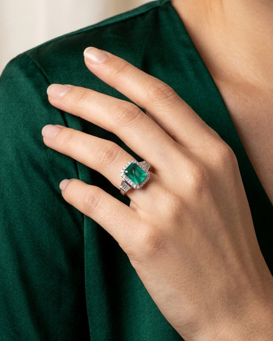 Kaia  Natural Green Emerald &  Natural  Diamond Trilogy Halo Ring in 18K White Gold