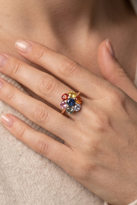 Keza Multicolour Mixed Stone &  Natural  Diamond Ring in 14K Yellow Gold