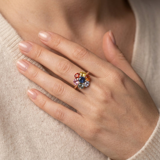 Keza Multicolour Mixed Stone &  Natural  Diamond Ring in 14K Yellow Gold