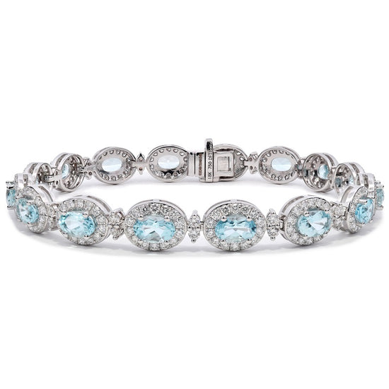 Micro Set Oval Cut Aqua & Diamond Halo Tennis Bracelet