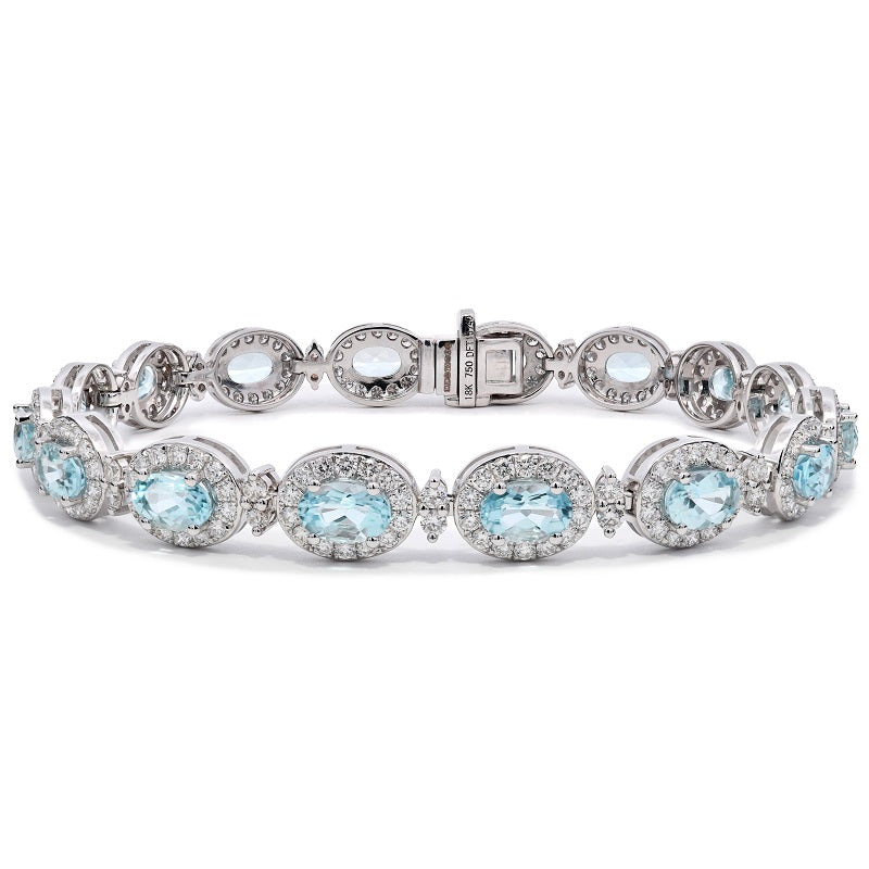 Micro Set Oval Cut Aqua & Diamond Halo Tennis Bracelet